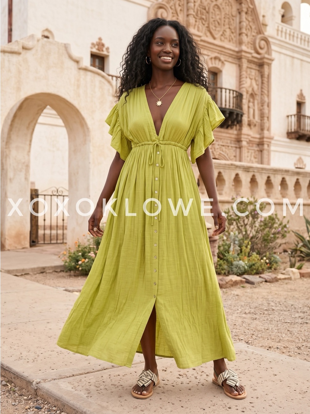 Peach Love Lime Green Plunge Button Down Maxi Dress | Ruffle Sleeves Empire